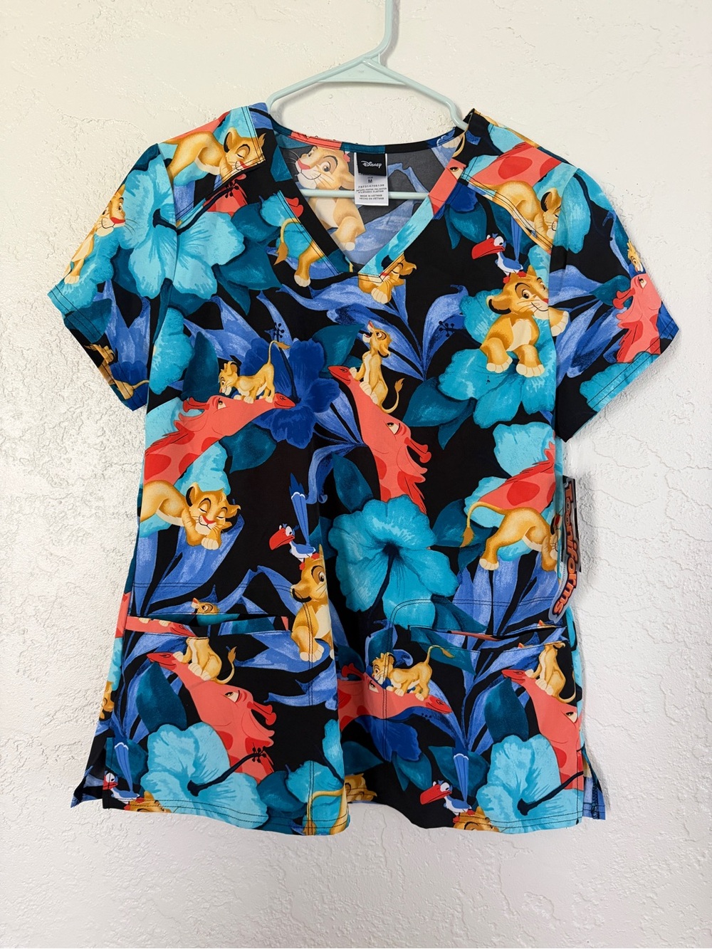 Disney Black Teal Coral Simba Floral V-Neck Scrub Top
